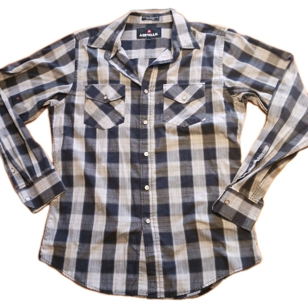 Airwalk Men's Long Sleeve Plaid Button Down Black Gray Large
